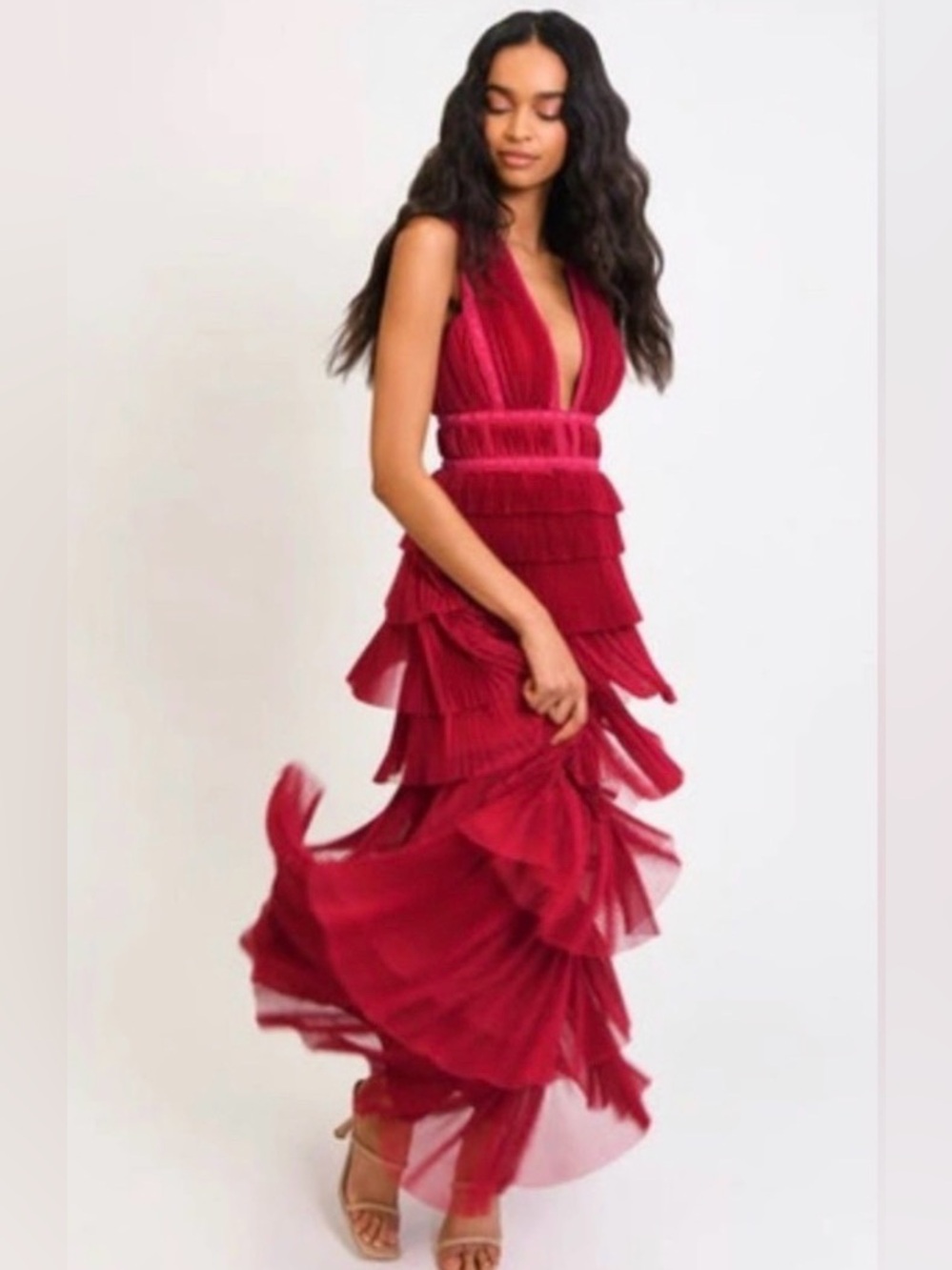 NWT Hutch Charley Deep-V Pleated Raspberry Tiered Tulle Maxi Dress Size 6P - Picture 13 of 13